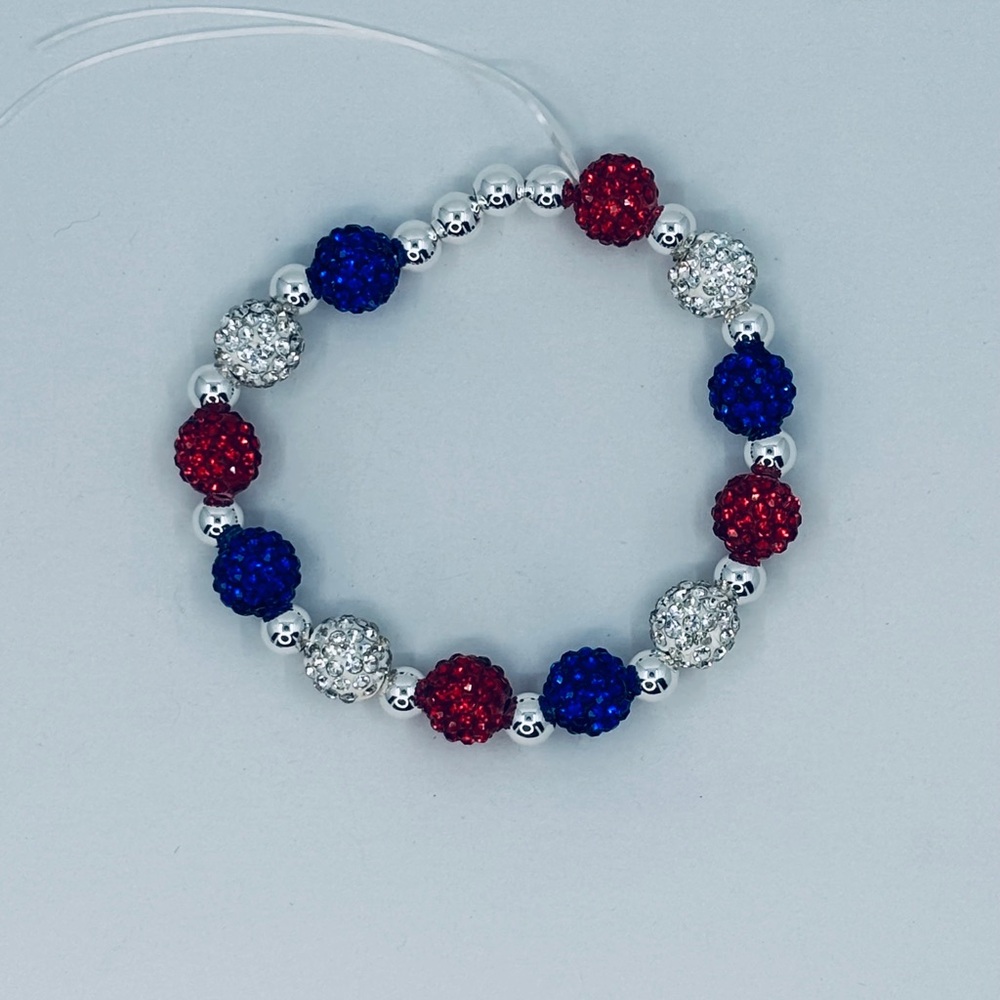 Elegant Red, Blue, and Silver Beaded Stretch Bracelet w/silver plated rounds